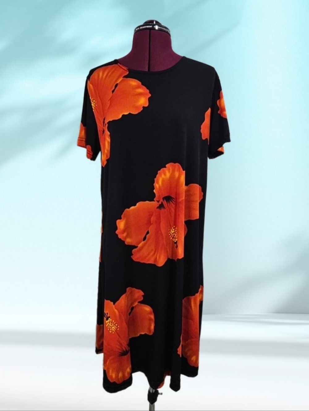 Vintage Women's Black Midi Dress with Bold Orange Floral Island Tropical Print